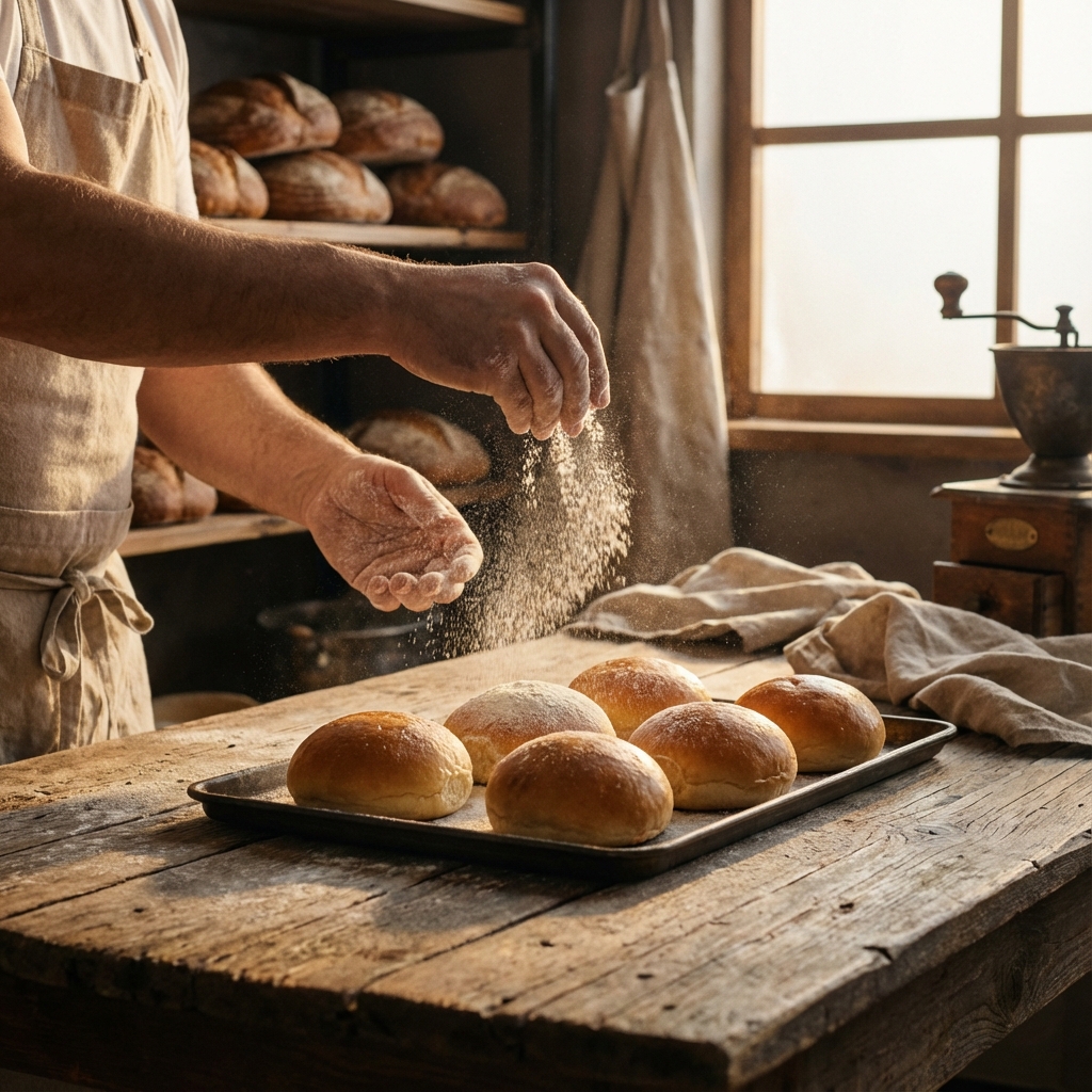 Fresh artisan buns being baked in the oven