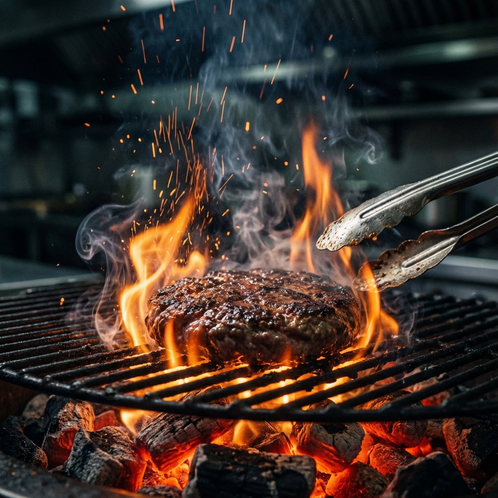 Patties being grilled over charcoal flames