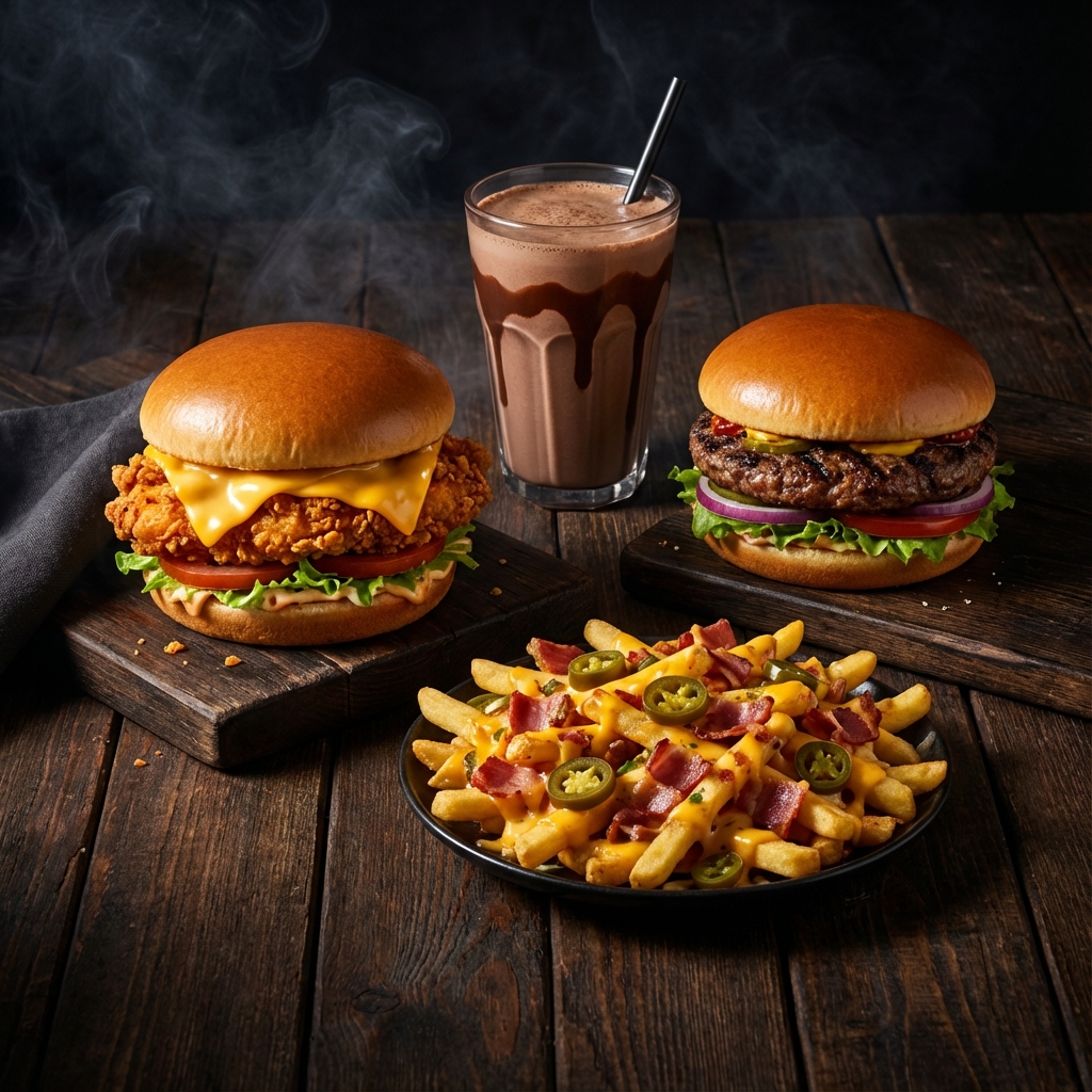 Burgerium signature spread featuring gourmet burgers and sides